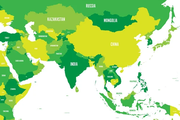 Politikai Térkép árnyalatú zöld nyugati, Dél- és Kelet-Ázsia. Modern stílus egyszerű lapos vektoros illusztráció — Stock Vector