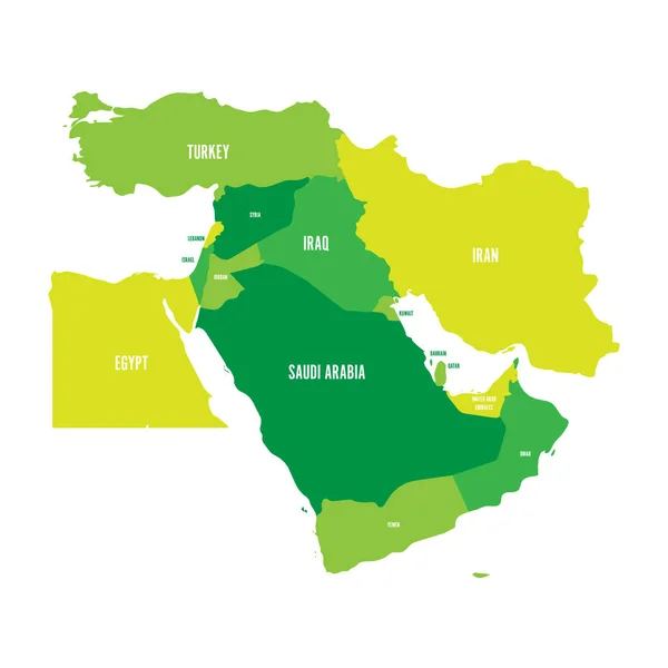 Mapa Blízkého východu nebo Blízkého východu, v odstínech zelené. Jednoduchý plochý vektor ilustrační — Stockový vektor