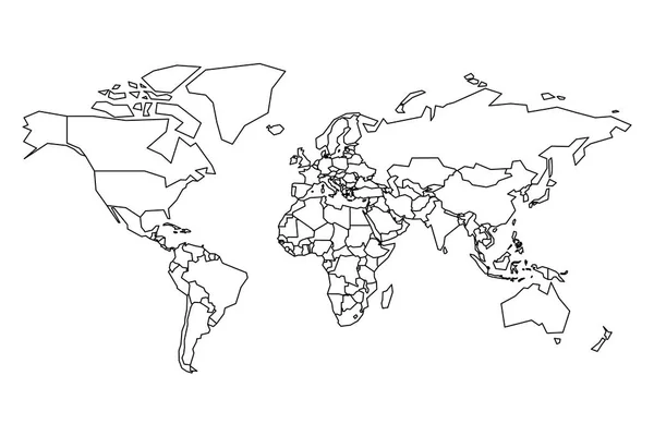 Politisk karta över världen. Tomma kartan för skolfrågesport. Förenklad svart tjock kontur på vit bakgrund — Stock vektor