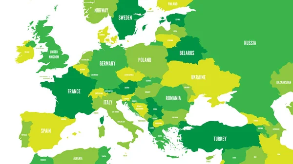 Mapa político de Europa y la región del Cáucaso en tonos de verde sobre fondo blanco. Ilustración simple vector plano — Vector de stock