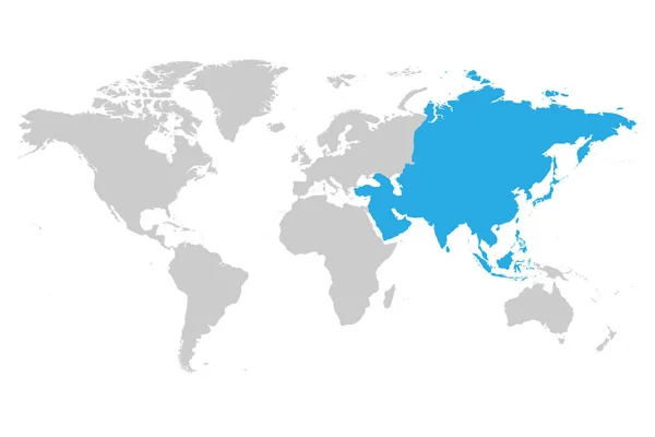 Asia continente azul marcado en silueta gris del mapa del mundo. Ilustración simple vector plano — Archivo Imágenes Vectoriales