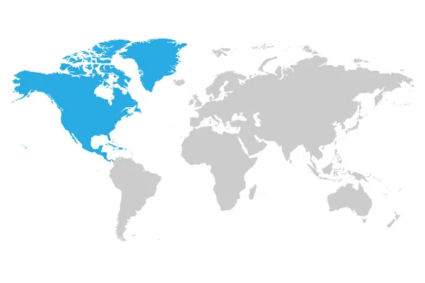 América del Norte continente azul marcado en silueta gris del mapa del mundo. Ilustración simple vector plano — Vector de stock