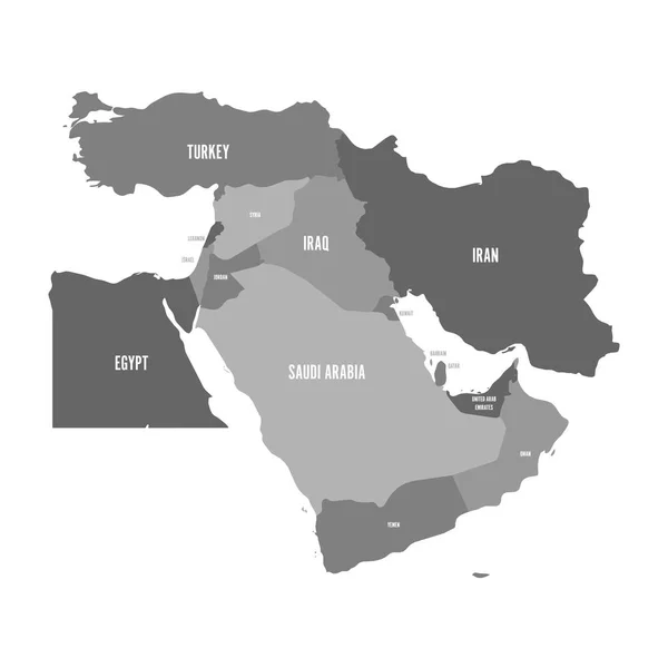Mapa Blízkého východu nebo Blízkého východu, v odstínech šedé. Jednoduchý plochý vektor ilustrační — Stockový vektor