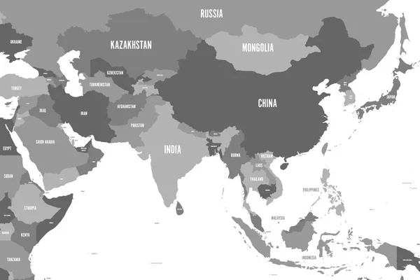 Politikai térképe Nyugat-, Dél- és Kelet-Ázsiában a szürke árnyalatai. Modern stílus egyszerű lapos vektoros illusztráció — Stock Vector