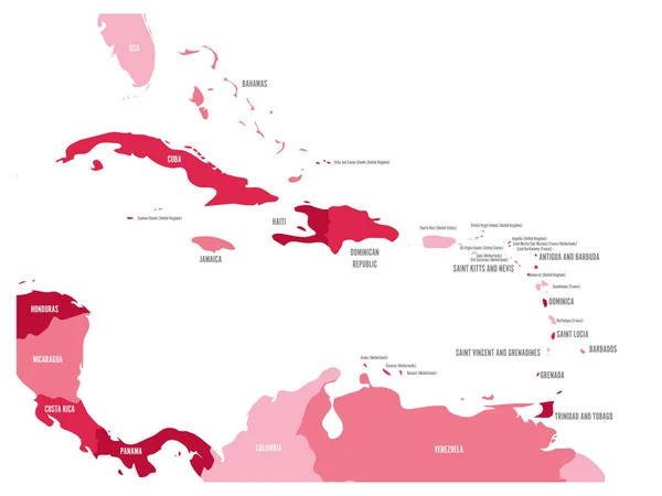 Mapa político de los estados de Centroamérica y el Caribe en cuatro tonos de granate con etiquetas de nombres de países negros. Ilustración simple vector plano — Vector de stock