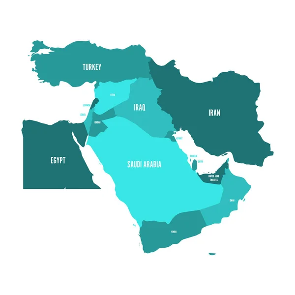 Mapa Blízkého východu nebo Blízkého východu, v odstínech tyrkysové modré. Jednoduchý plochý vektor ilustrační — Stockový vektor