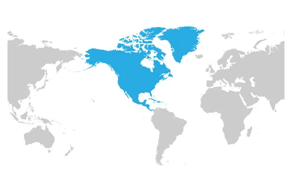 Észak-amerikai kontinens kék jelzett szürke sziluett Amerika központú világtérkép. Egyszerű lapos vektor illusztráció — Stock Vector
