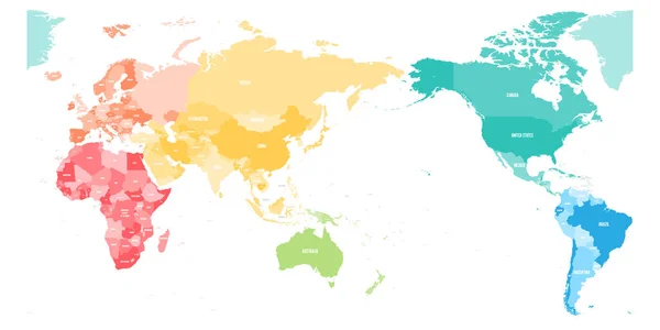 Mapa político colorido del mundo dividido en seis continentes y centrado en Asia, Australia y la región de Oceanía. Mapa vectorial en blanco en colores del espectro del arco iris — Archivo Imágenes Vectoriales