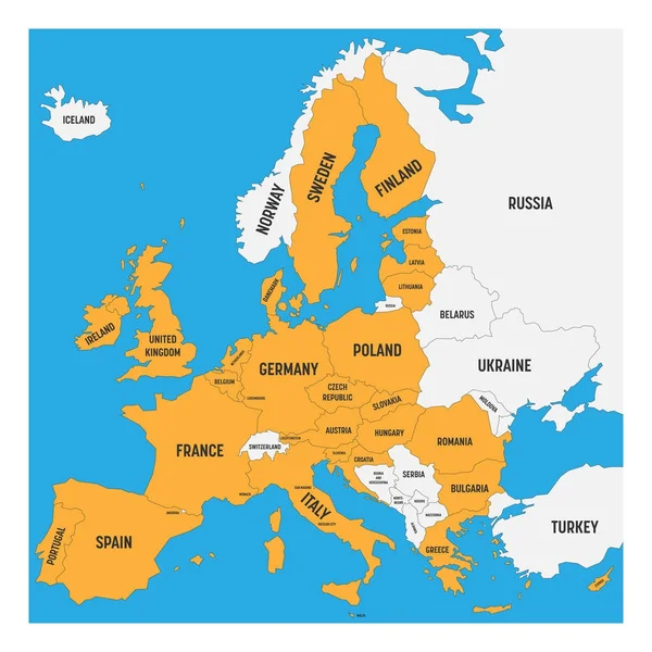 Politisk karta över Europa med vit mark och gul markerad 28 Europeiska unionen, Eu, medlemsstaterna. Enkla platta vektorillustration — Stock vektor