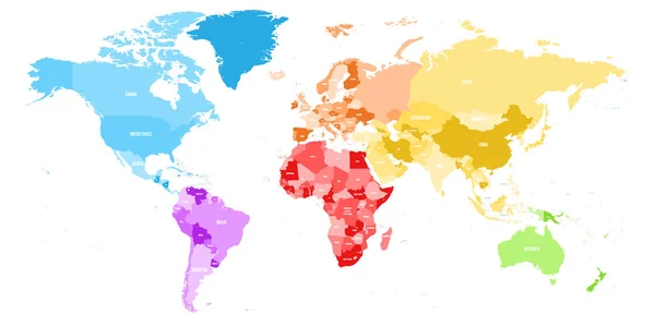 Mappa politica colorata del mondo divisa in sei continenti con etichette di nome paese. Mappa vettoriale nei colori dello spettro arcobaleno — Vettoriale Stock