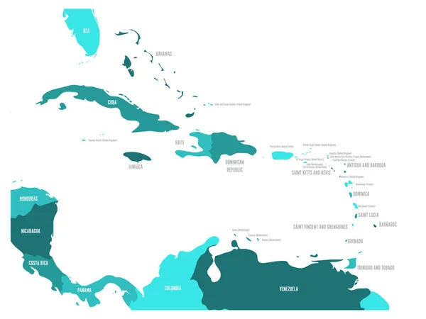 Mapa político de los estados de Centroamérica y el Caribe en cuatro tonos de azul turquesa con etiquetas de nombres de países negros. Ilustración simple vector plano — Vector de stock
