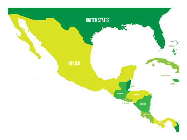 Mapa político de Centroamérica y México en cuatro tonos de verde. Ilustración simple vector plano — Archivo Imágenes Vectoriales