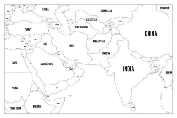 Mapa político de los países del sur de Asia y Oriente Medio. Mapa simple de contorno de vector plano con etiquetas de nombre de país — Archivo Imágenes Vectoriales