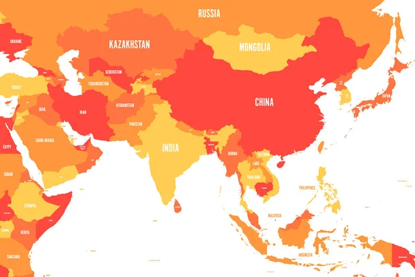 Árnyalatai orange nyugati, Dél- és Kelet-Ázsia politikai térképe. Modern stílus egyszerű lapos vektoros illusztráció — Stock Vector