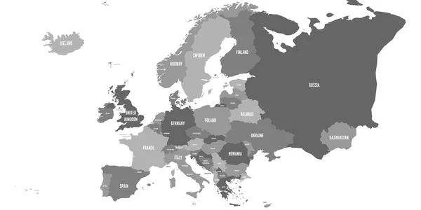 Mapa político del continente europeo en cuatro tonos de gris. Con toda la parte europea de Rusia y Kazajistán. Ilustración vectorial — Vector de stock