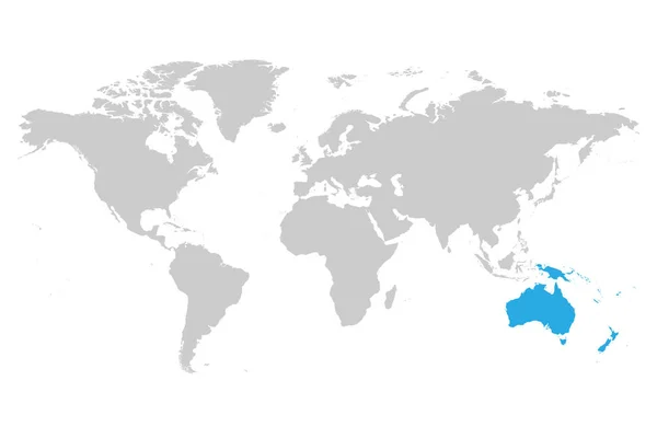 Austrália continente azul marcado em silhueta cinza do mapa do mundo. Ilustração simples do vetor plano —  Vetores de Stock