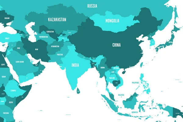 Mapa político da Ásia ocidental, meridional e oriental em tons de azul-turquesa. Estilo moderno simples ilustração vetorial plana — Vetor de Stock