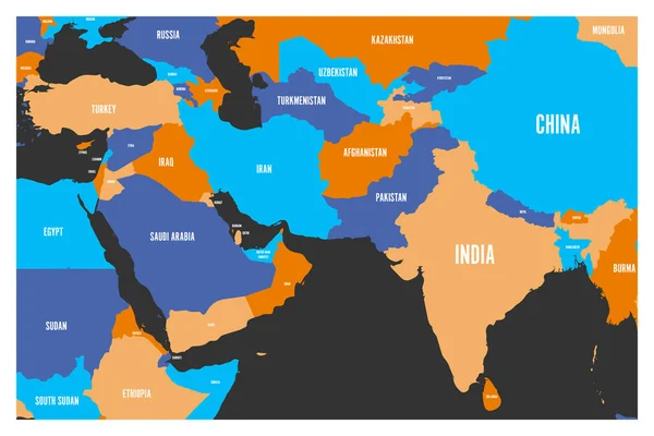 Carte politique des pays d'Asie du Sud et du Moyen-Orient. Carte vectorielle plate simple en quatre couleurs — Image vectorielle