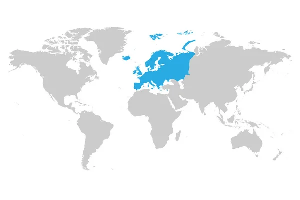 유럽 대륙 청색은 세계 지도의 회색 실루엣으로 표시되어 있다. 단순 한 평평 한 벡터 삽화 — 스톡 벡터