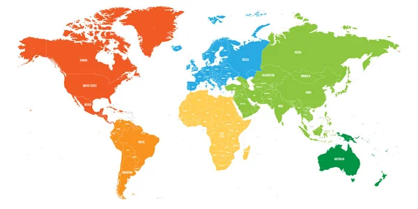 Mapa do mundo dividido em seis continentes. Cada continente em cores diferentes. Ilustração simples do vetor plano — Vetor de Stock