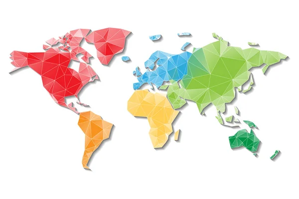 Mappa poli bassa del mondo divisa in sei continenti per colore. Design vettoriale poligonale con ombra caduta — Vettoriale Stock
