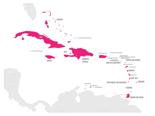 Mapa político de Carribean. Pink destacó los estados y territorios dependientes. Ilustración simple vector plano — Vector de stock