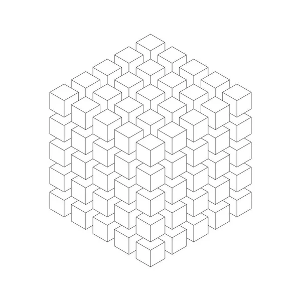 Daha küçük izometrik küplerin geometrik küpü. Soyut tasarım öğesi. Bilim ya da inşaat konsepti. Siyah dış hat 3B vektör nesnesi — Stok Vektör