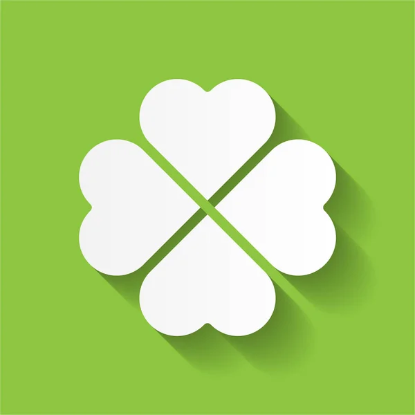 Shamrock - ikon empat daun semanggi putih. Good luck tema dan Saint Patrick simbol elemen desain. Ilustrasi vektor sederhana dengan efek bayangan panjang diisolasi pada latar belakang hijau - Stok Vektor
