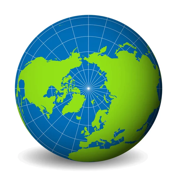 具有绿色世界地图和蓝色海洋的地球以北冰洋和北极为焦点。有薄薄的白色子午线和平行线。3D矢量插图 — 图库矢量图片