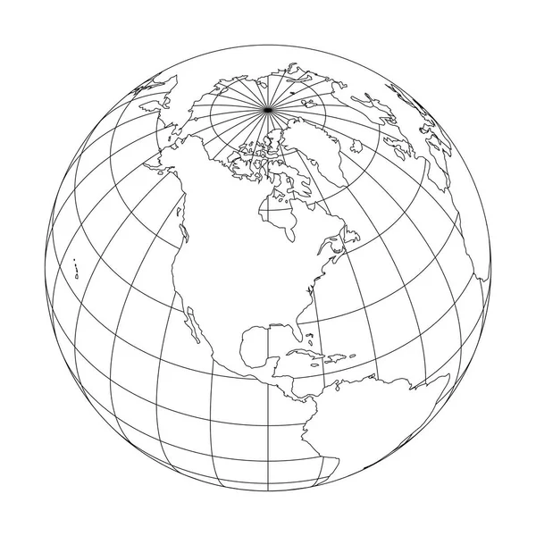 Umriss Erdglobus mit Weltkarte mit Fokus auf Nordamerika. Vektorillustration — Stockvektor
