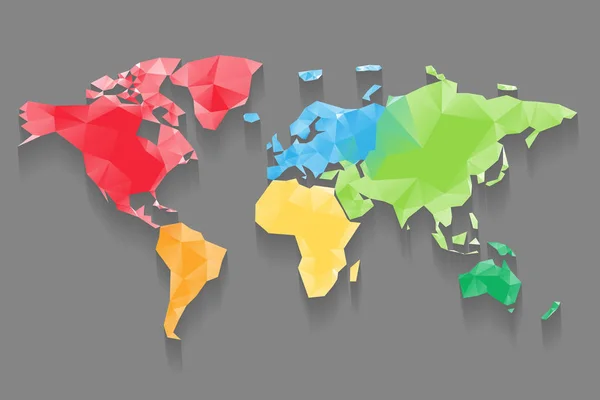 Carte basse poly du monde divisée en six continents par couleur. Conception vectorielle polygonale avec ombre portée — Image vectorielle