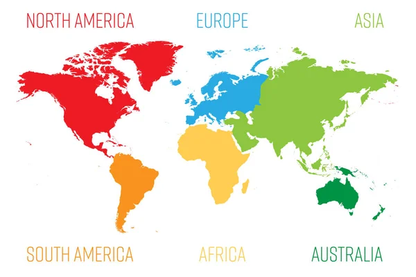 Mapa świata podzielona na sześć kontynentów. Każdy kontynent w innym kolorze. Prosta płaska ilustracja wektora — Wektor stockowy