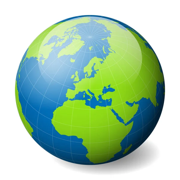 Globo terrestre con mapa verde del mundo y mares y océanos azules enfocados en Europa. Con delgados meridianos blancos y paralelos. Ilustración vectorial esfera brillante 3D — Archivo Imágenes Vectoriales