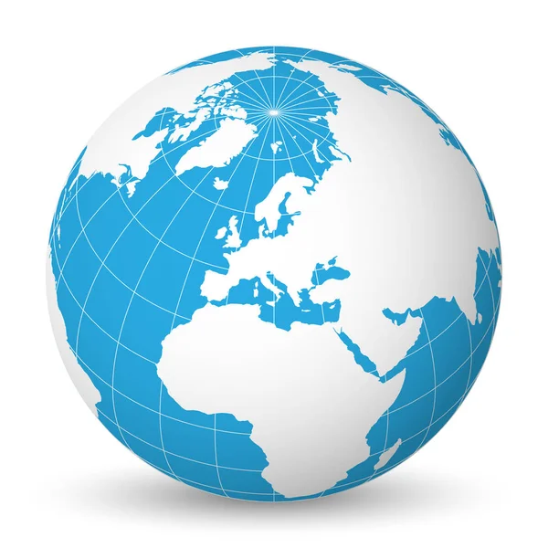 Globo terrestre con mapa del mundo blanco y mares y océanos azules enfocados en Europa. Con delgados meridianos blancos y paralelos. Ilustración vectorial 3D — Archivo Imágenes Vectoriales
