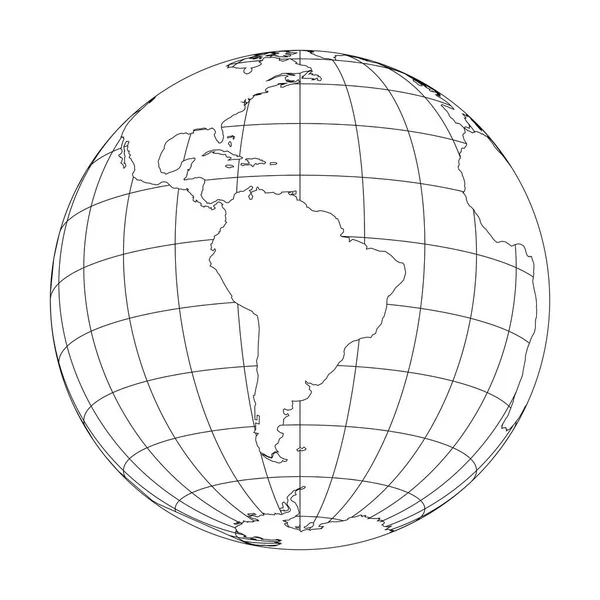 Umriss Erdglobus mit Weltkarte, die sich auf Südamerika konzentriert. Vektorillustration — Stockvektor