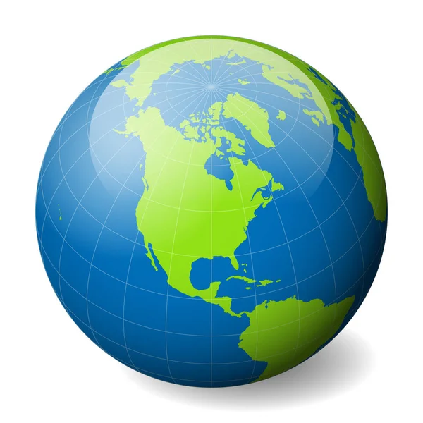 Globo da Terra com mapa do mundo verde e mares e oceanos azuis focados na América do Norte. Com meridianos brancos finos e paralelos. 3D brilhante esfera vetor ilustração — Vetor de Stock