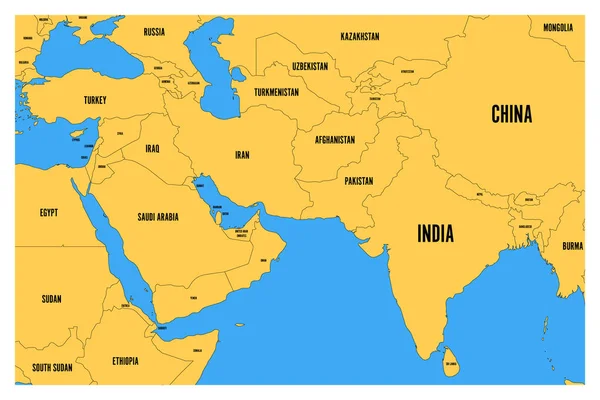 Mappa politica dell'Asia meridionale e del Medio Oriente. Semplice mappa vettoriale piatta con terra gialla e mare blu — Vettoriale Stock