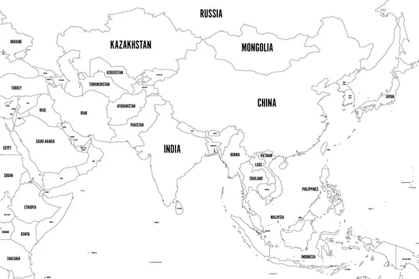 Politisk karta över västra, södra och östra Asien. Tunn svart kontur gränser. Vektorillustration — Stock vektor