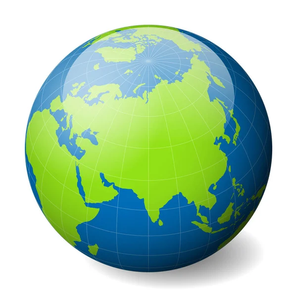 Земной шар с картой зеленого мира и голубыми морями и океанами ориентирован на Азию. С тонкими белыми меридианами и параллелями. Глянцевая векторная иллюстрация — стоковый вектор