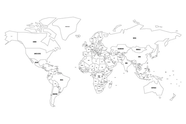 Mapa vectorial simplificado del mundo. Delgado contorno negro sobre fondo blanco — Vector de stock