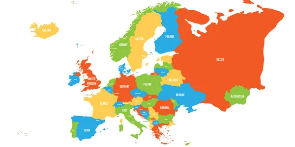 Mapa político de Europa continente en cuatro colores con etiquetas de nombre de país blanco y aislado sobre fondo blanco. Ilustración vectorial — Vector de stock