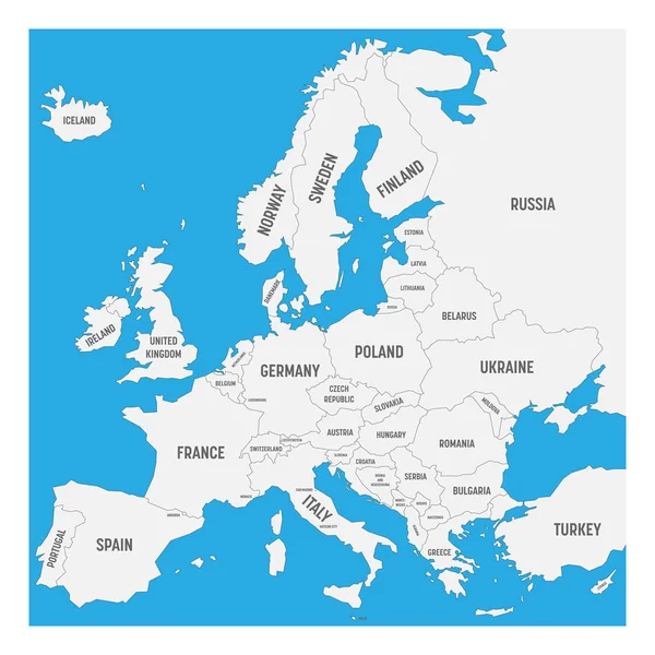 Mapa da Europa com nomes de países soberanos, ministérios incluídos. Mapa vetorial preto simplificado sobre fundo branco —  Vetores de Stock