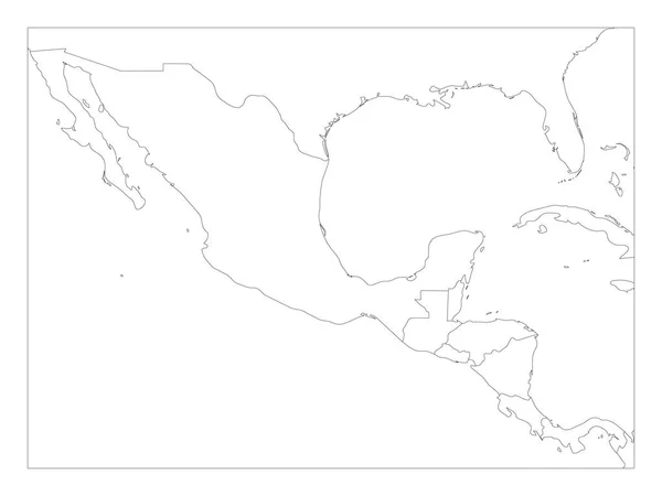 Mappa politica vuota dell'America centrale e del Messico. Semplice illustrazione vettoriale sottile contorno nero — Vettoriale Stock