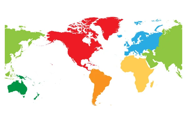 Mapa del mundo dividido en seis continentes. América centrada. Cada continente en un color diferente. Ilustración simple vector plano — Archivo Imágenes Vectoriales