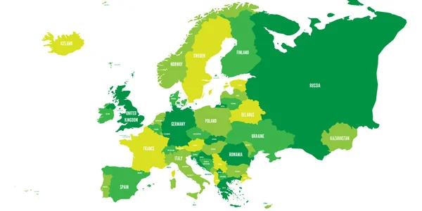 Mapa político del continente europeo en cuatro tonos de verde con etiquetas de nombre de país blanco y aislado sobre fondo blanco. Ilustración vectorial — Vector de stock