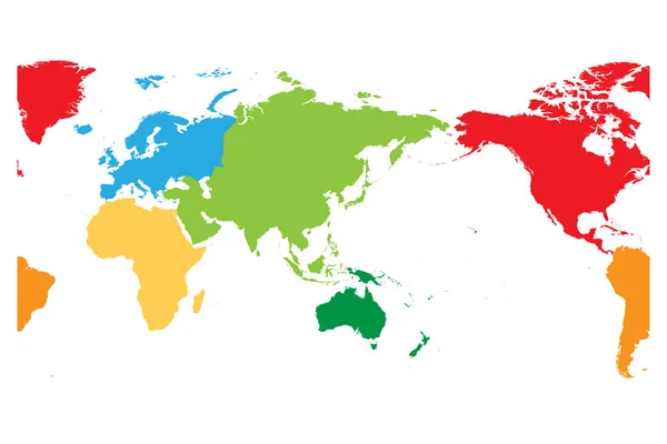 Mapa do mundo dividido em seis continentes. Ásia e Austrália centradas. Cada continente em cores diferentes. Ilustração simples do vetor plano — Vetor de Stock