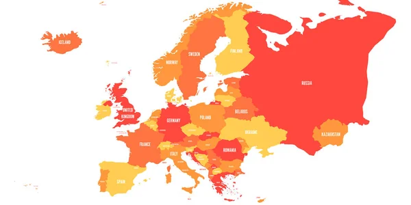 Politische Landkarte des europäischen Kontinents in vier Orangetönen mit weißen Ländernamen und isoliert auf weißem Hintergrund. Vektorillustration — Stockvektor