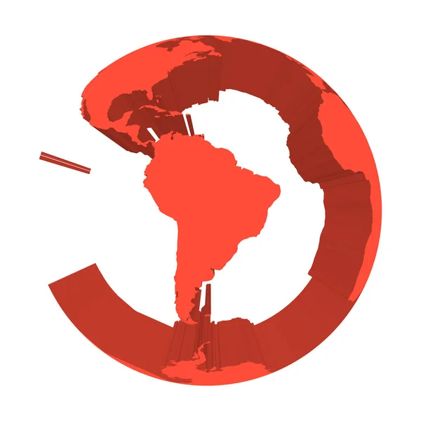 Modelo de globo terrestre con tierras extruidas rojas. Enfocado en Sudamérica. Ilustración vectorial 3D — Vector de stock