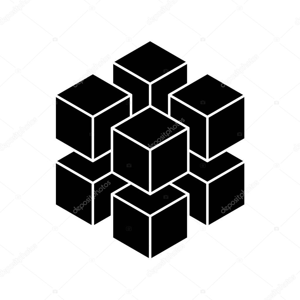 Black geometric cube of 8 smaller isometric cubes. Abstract design element. Science or construction concept. 3D vector object.