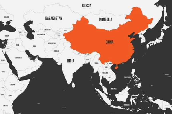 China naranja marcado en el mapa político del sur de Asia. Ilustración vectorial — Vector de stock